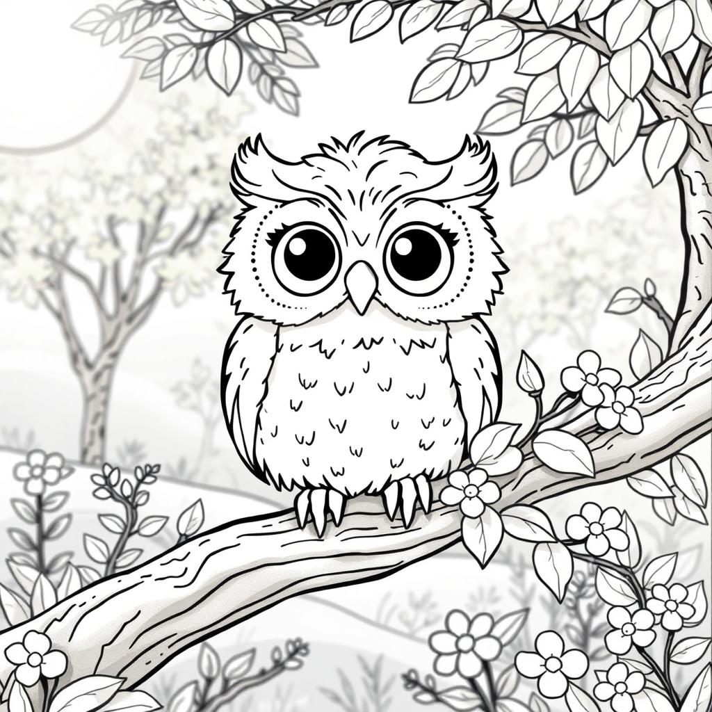 A whimsical coloring page featuring a cute owl perched on a branch