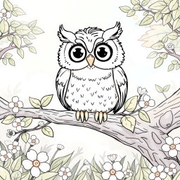 A whimsical coloring page featuring a cute owl perched on a branch