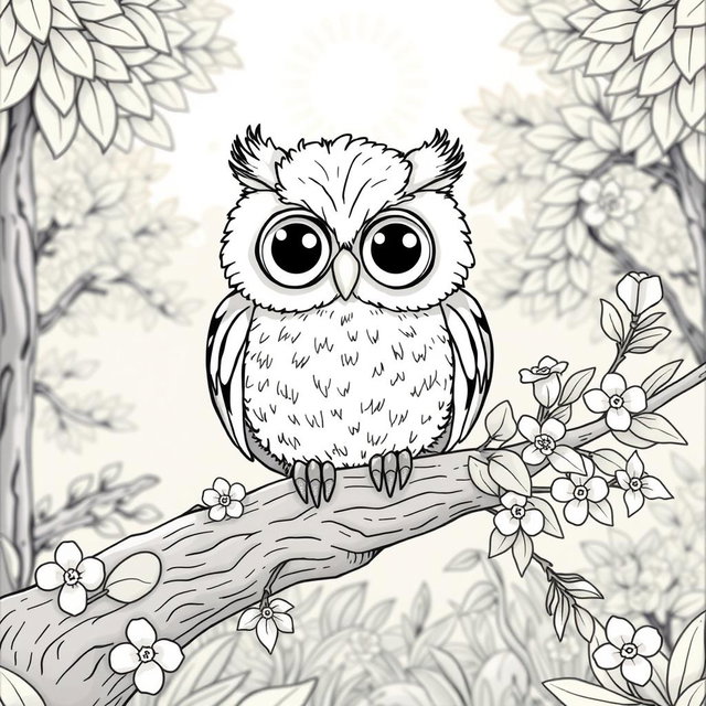 A whimsical coloring page featuring a cute owl perched on a branch