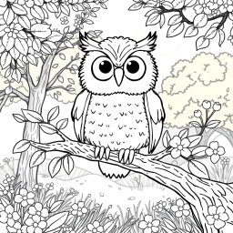 A whimsical coloring page featuring a cute owl perched on a branch