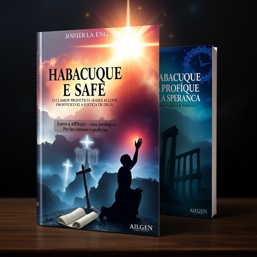 A visually captivating book cover design featuring the titles 'Habacuque e Asafe: O Clamor Profético e a Justiça de Deus' and 'Entre a Aflição e a Esperança – Uma Jornada Teológica Pelos Salmos e Profecias'