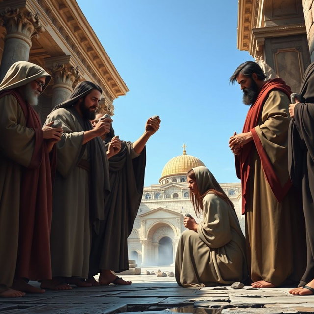 A tense and dramatic moment in the temple of Jerusalem, where a group of Pharisees holds stones tightly in their hands, confronting Jesus with challenging expressions