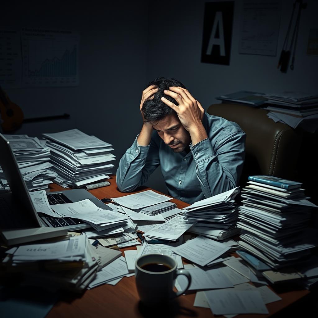 A single person sitting at a cluttered desk, surrounded by stacks of bills, credit card statements, and a laptop showing a financial graph