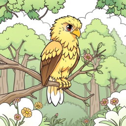 A charming coloring page illustration featuring a cute Golden Eagle perched on a slender branch