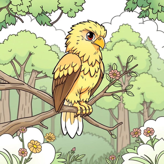 A charming coloring page illustration featuring a cute Golden Eagle perched on a slender branch