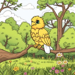 A charming coloring page illustration featuring a cute Golden Eagle perched on a slender branch