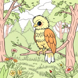 A charming coloring page illustration featuring a cute Golden Eagle perched on a slender branch