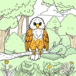 A charming coloring page illustration featuring a cute Golden Eagle perched on a slender branch