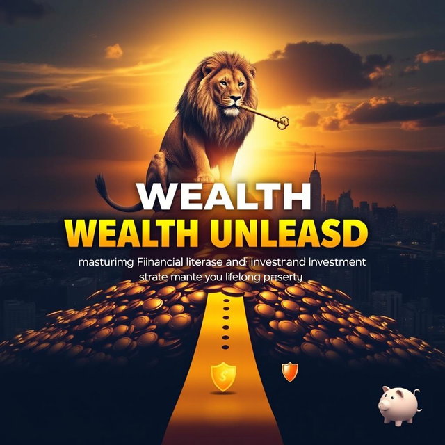 A dramatic scene featuring a majestic lion perched atop a mountain of shiny gold coins, with a glowing gold key clutched in its mouth