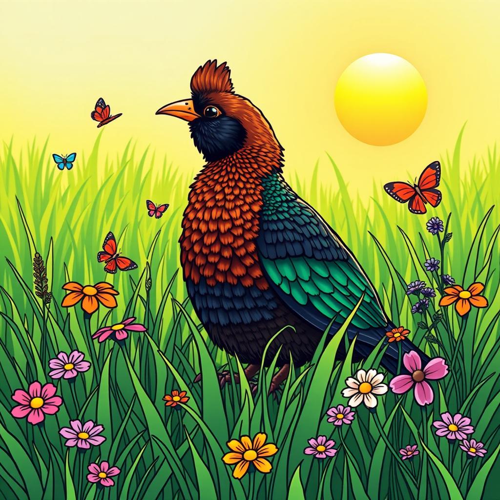 A cute capercaillie sitting peacefully in a lush green grass field, surrounded by wildflowers