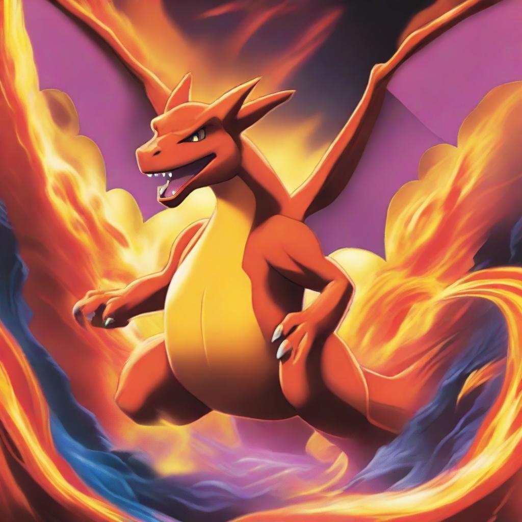 A stunningly designed Pokémon card featuring the legendary Charizard, ablaze with his fiery breath, set against a dramatic backdrop with vivid colors and artistic rendering.