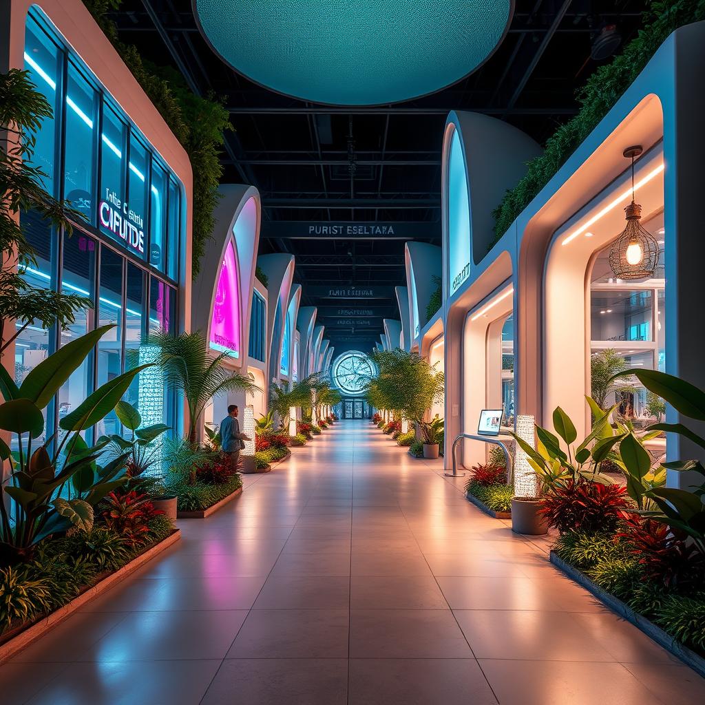 A futuristic street design inspired by the ambiance of Salento, Quindío, featuring unique architectural structures with large windows and LED lighting