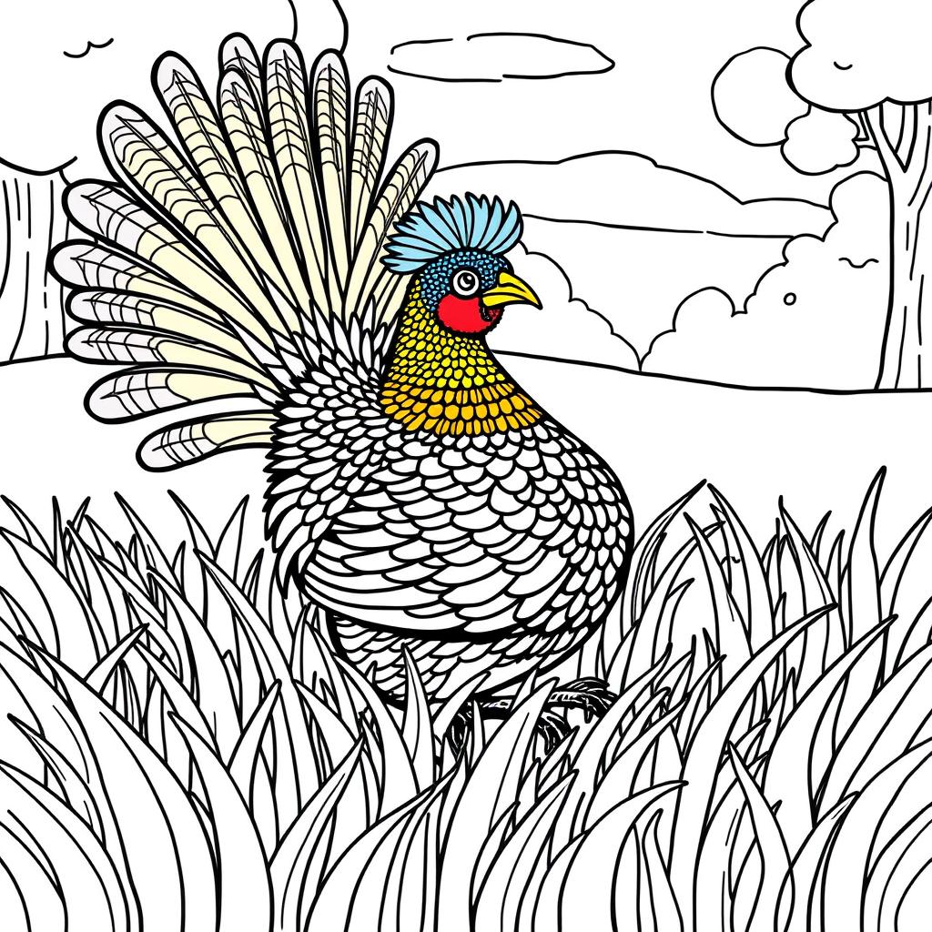 A cute capercaillie sitting in lush green grass, with its fan tail fully displayed