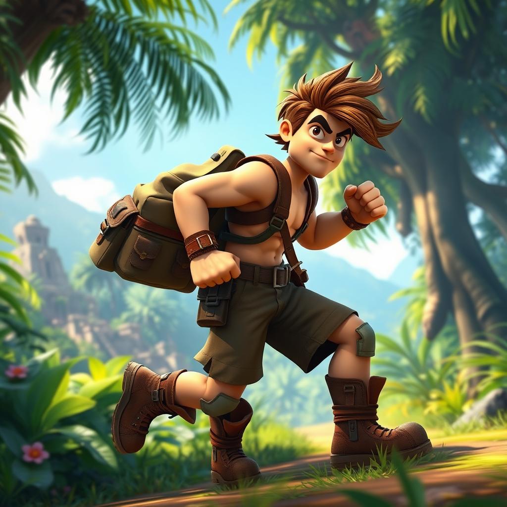 An adventure video game character in a dynamic pose simulating a walking movement