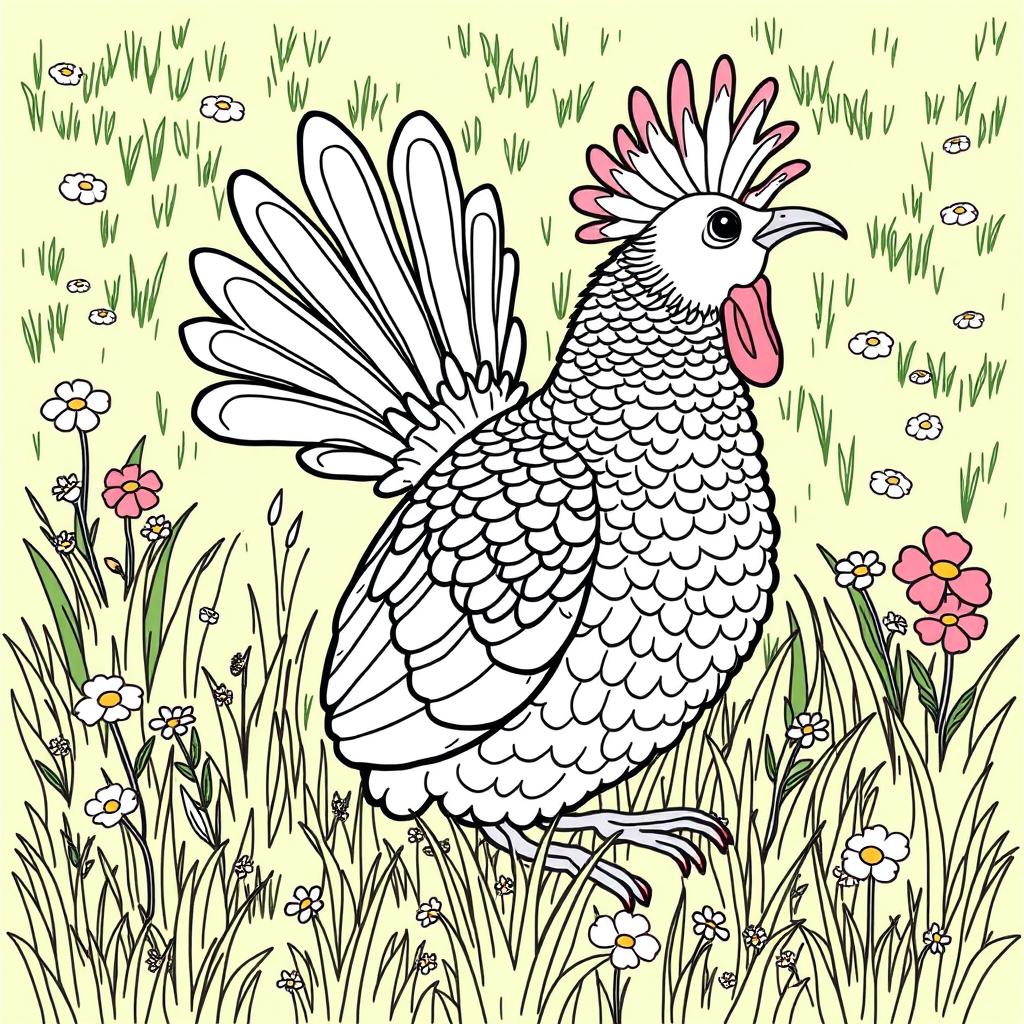 A cute capercaillie sitting in the grass, showcasing its stunning fan tail
