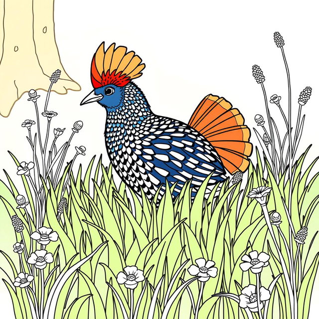 A delightful coloring page featuring a very cute capercaillie, characterized by its vibrant plumage and distinctive fan-shaped tail, peacefully sitting in lush green grass