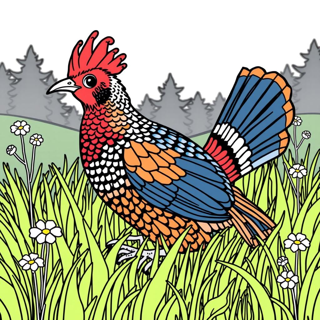 A delightful coloring page featuring a very cute capercaillie, characterized by its vibrant plumage and distinctive fan-shaped tail, peacefully sitting in lush green grass