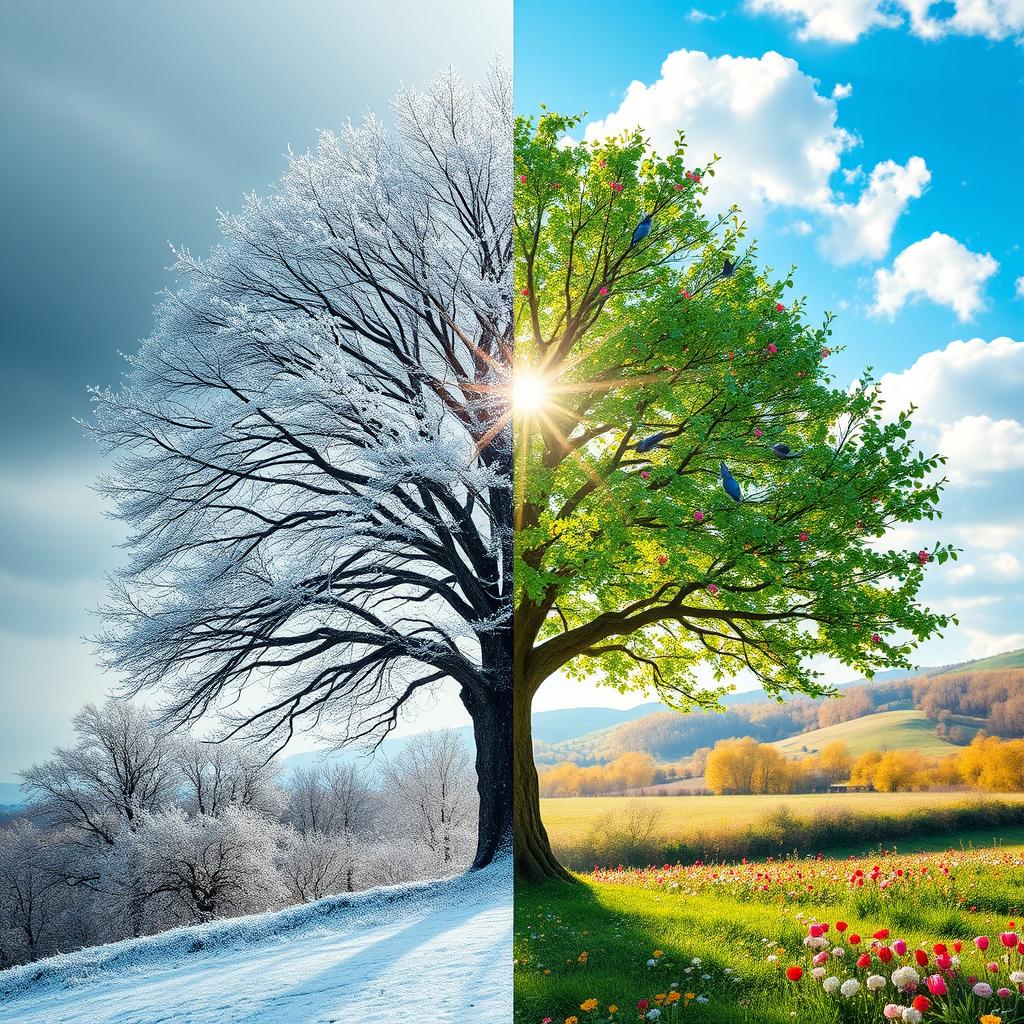 A breathtaking scene depicting the transformation of nature, showcasing a majestic tree morphing from winter to spring