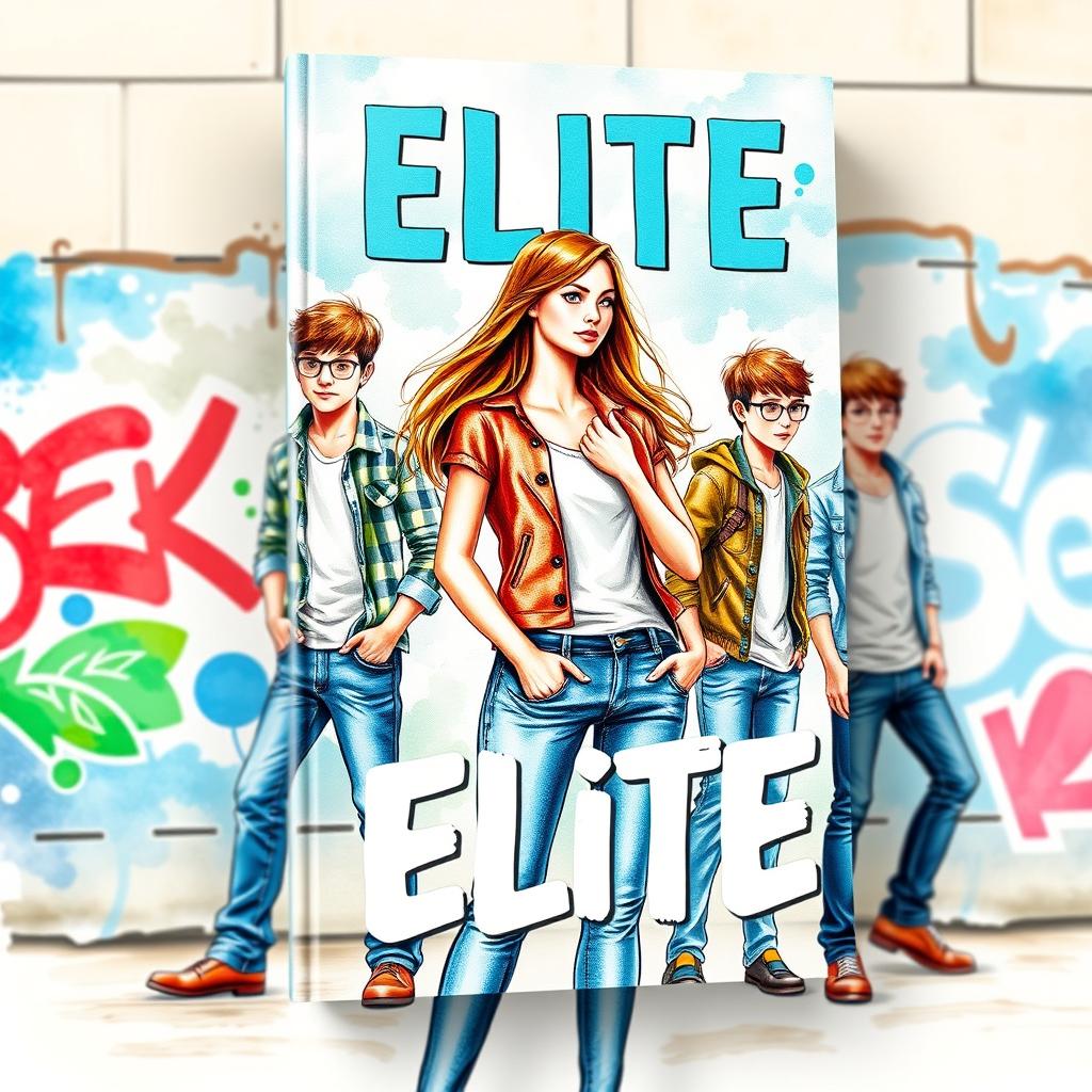 A dynamic and youthful book cover for a novel titled 'ELITE', featuring four teenagers: three boys and one girl, with a focus on the girl as the main protagonist