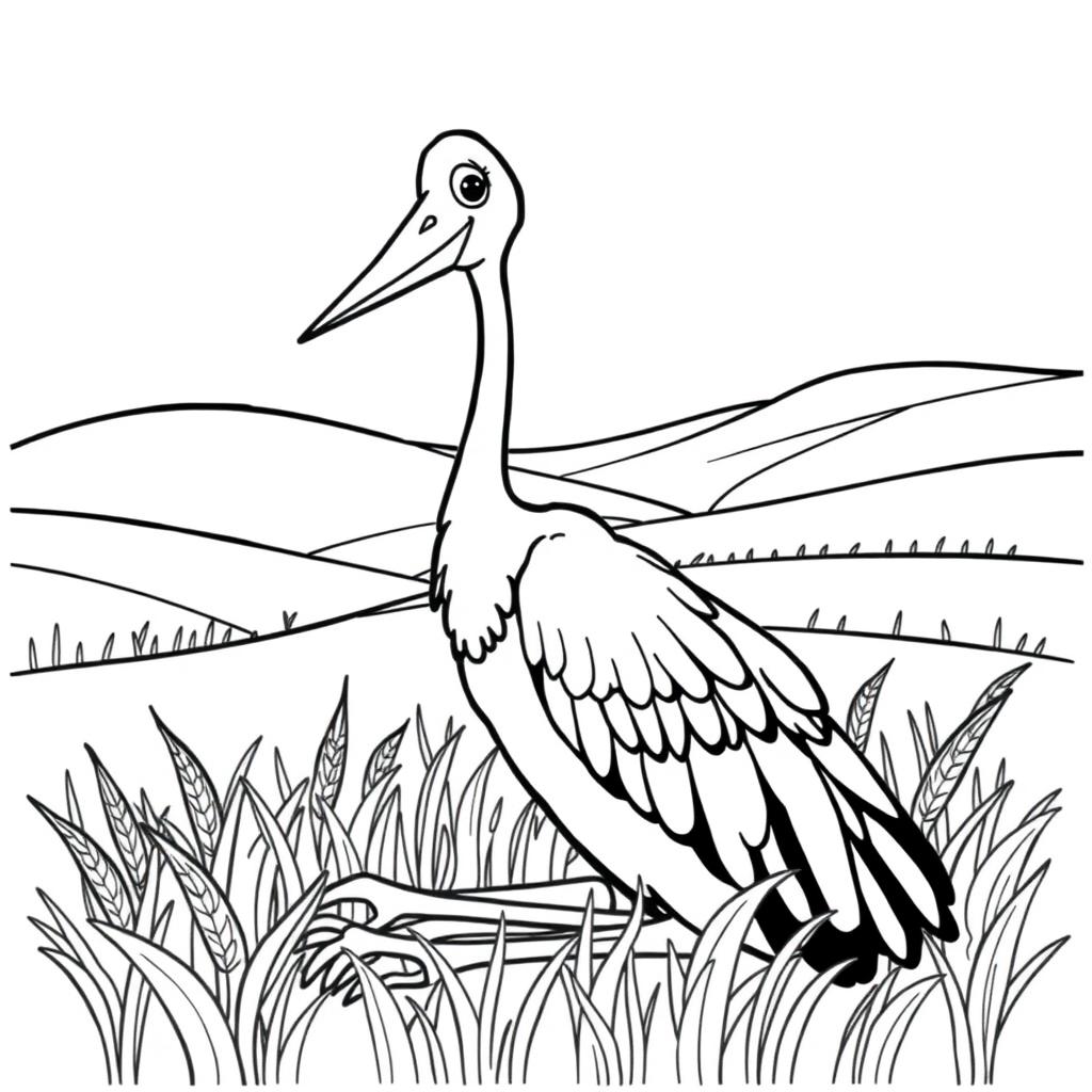 A coloring page featuring a very cute Black Stork sitting gracefully in a field of golden grain