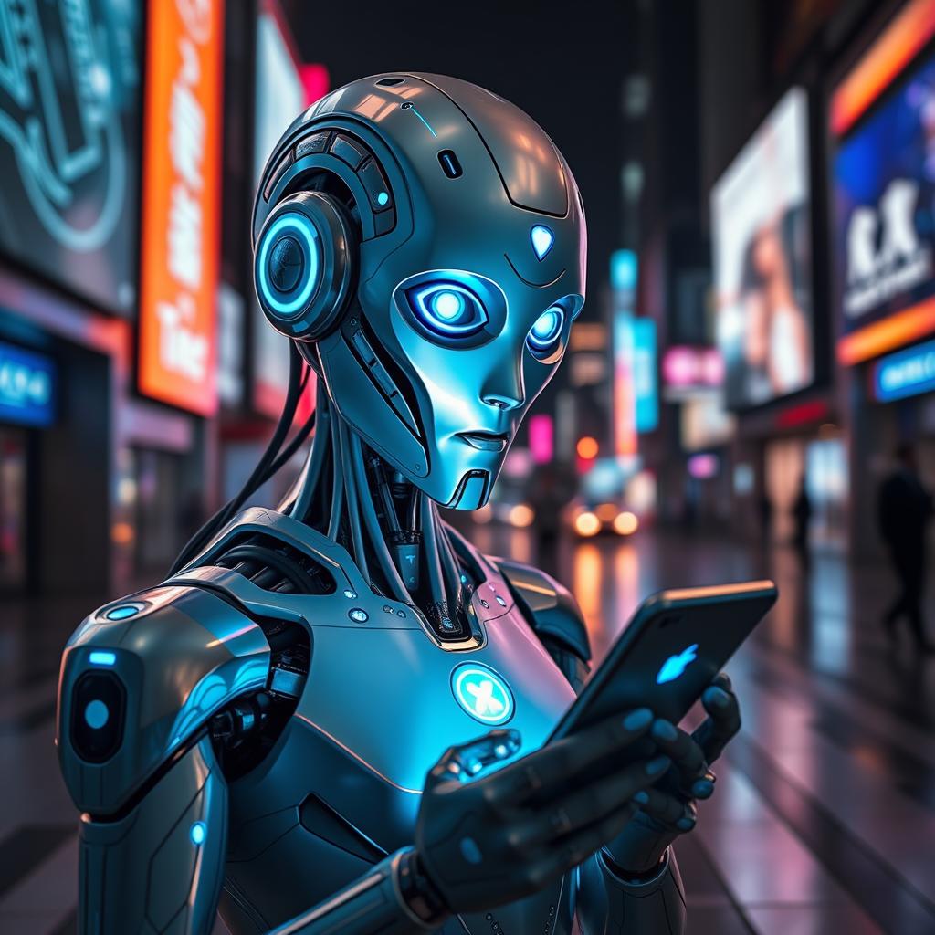 A futuristic AI character with sleek, metallic features and glowing blue eyes holding a smartphone