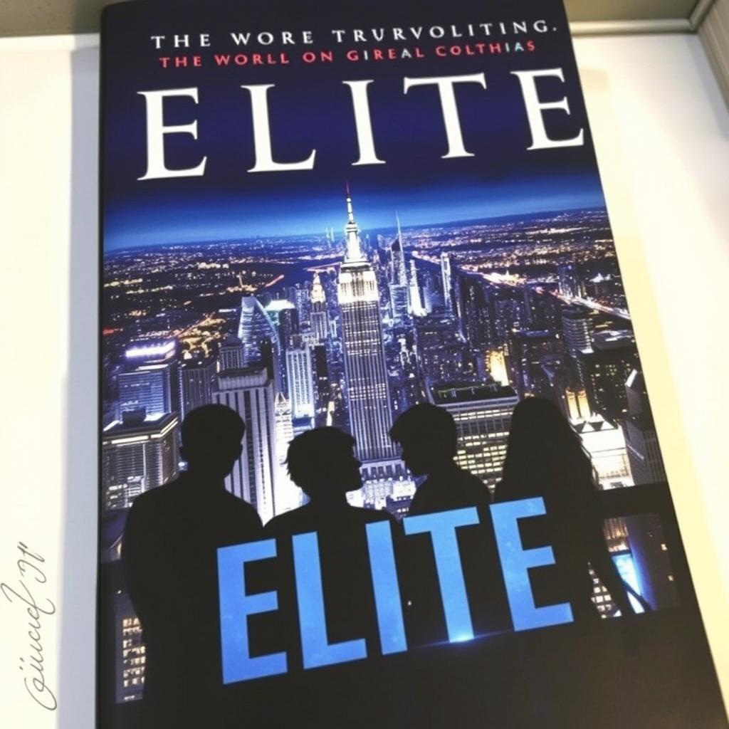 A captivating book cover for 'ELITE', showcasing a stunning city skyline at night, viewed from a high vantage point