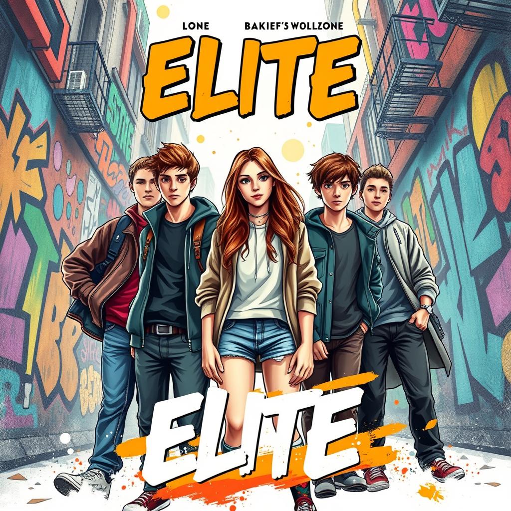A dynamic and immersive full-page book cover for a novel titled 'ELITE', showcasing four teenagers: three boys and one girl, with the girl as the central protagonist