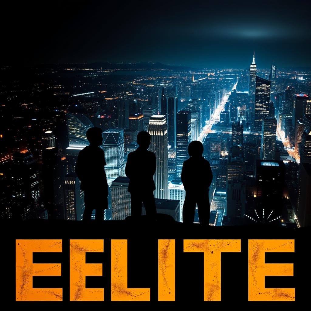 A mesmerizing book cover for 'ELITE', featuring a breathtaking city skyline at night, seen from a high perspective