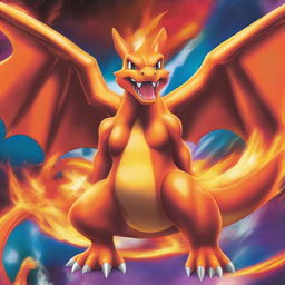 A stunningly designed Pokémon card featuring the legendary Charizard, ablaze with his fiery breath, set against a dramatic backdrop with vivid colors and artistic rendering.