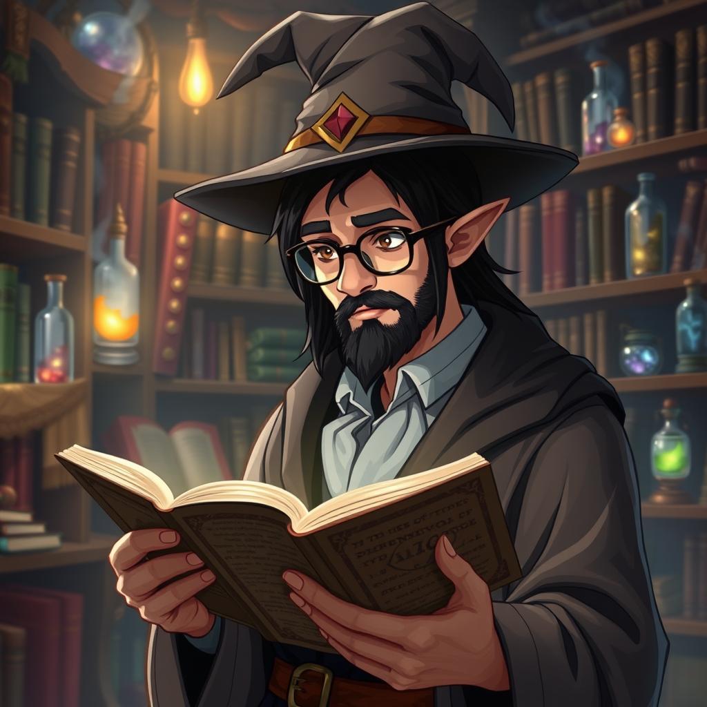 A half-elf male wizard with a chin beard and glasses, wearing a stylish wizard hat