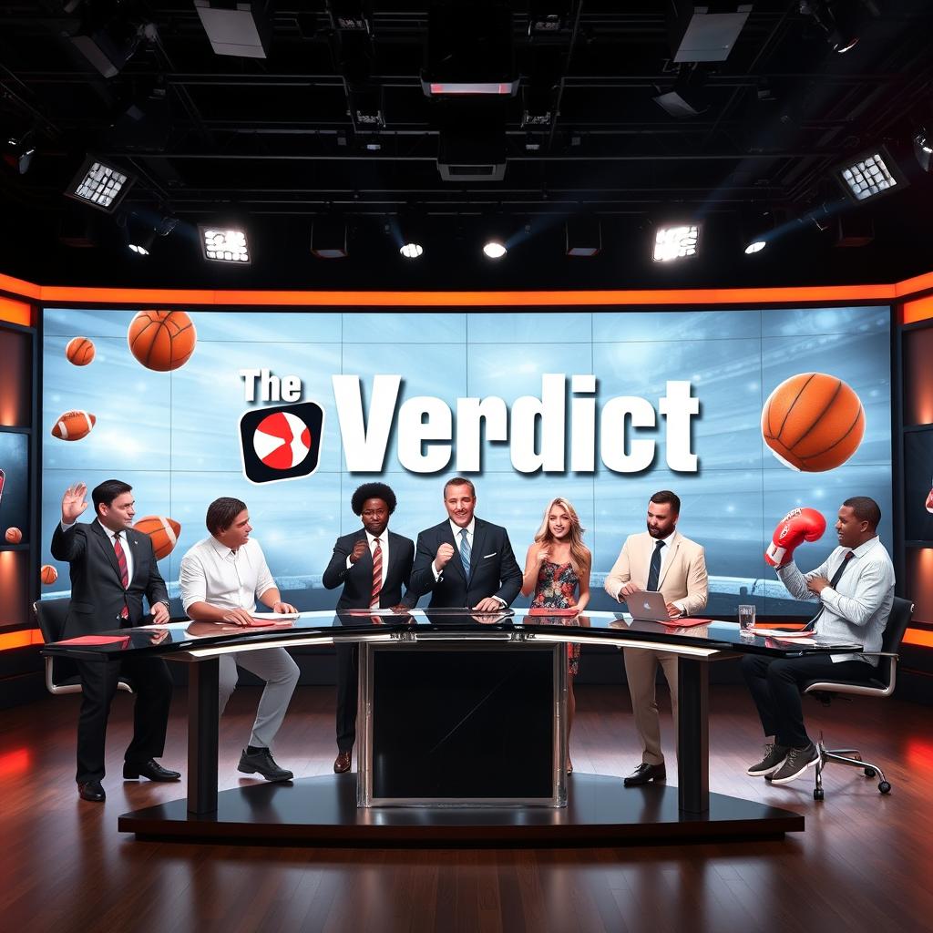 An engaging and dynamic television show set in a modern sports studio, showcasing the catchphrase "The Verdict: It's the Last Word in Sports" prominently displayed on the screen