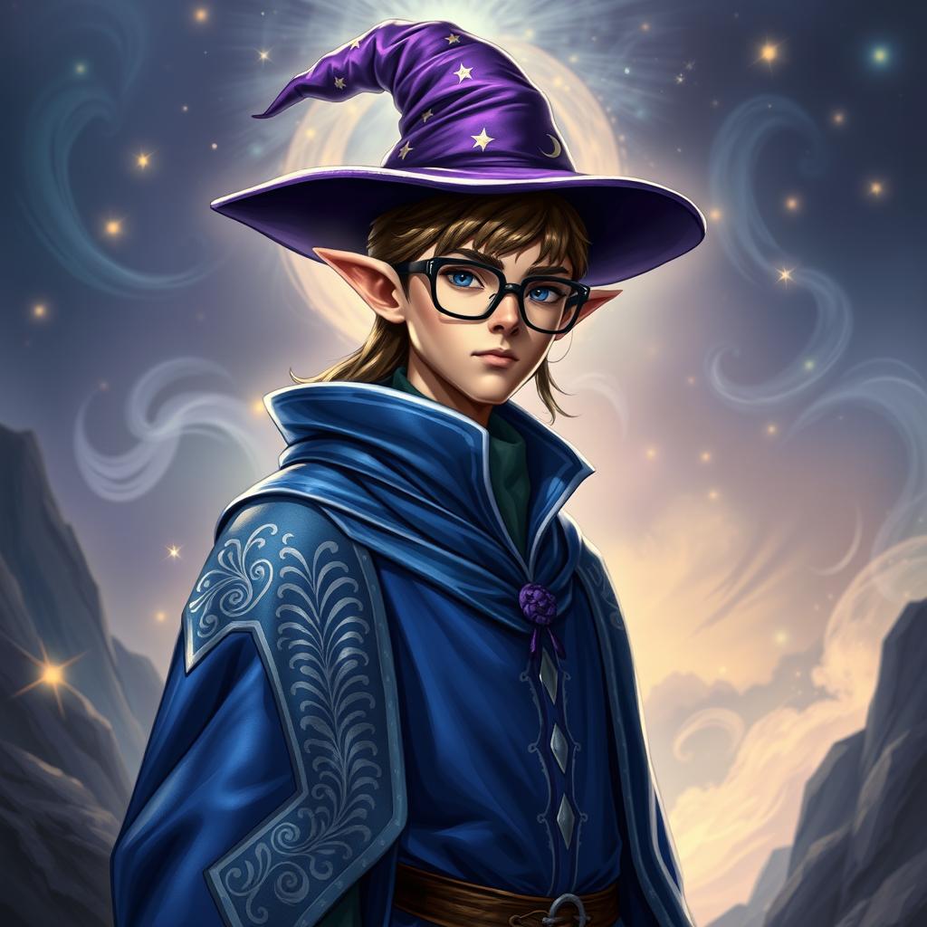 A half-elf male wizard standing confidently, wearing glasses
