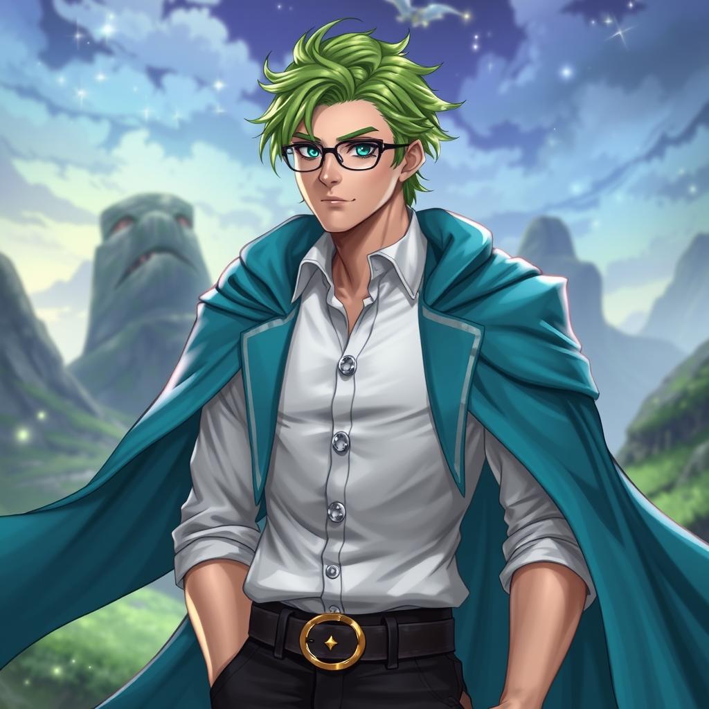 A male wizard prince character wearing a stylish white buttoned-up shirt and glasses