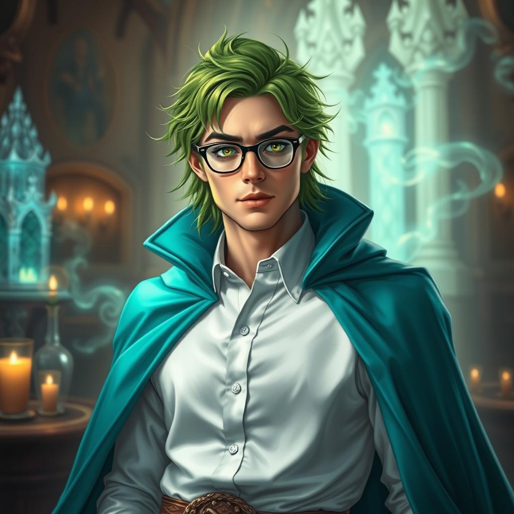 A male wizard prince with vibrant green hair, wearing a crisp white buttoned-up shirt and stylish glasses