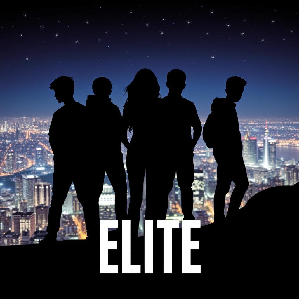 A striking full-page book cover for a novel titled 'ELITE', focusing on the life of four teenagers: three boys and one girl, with the girl as the central protagonist