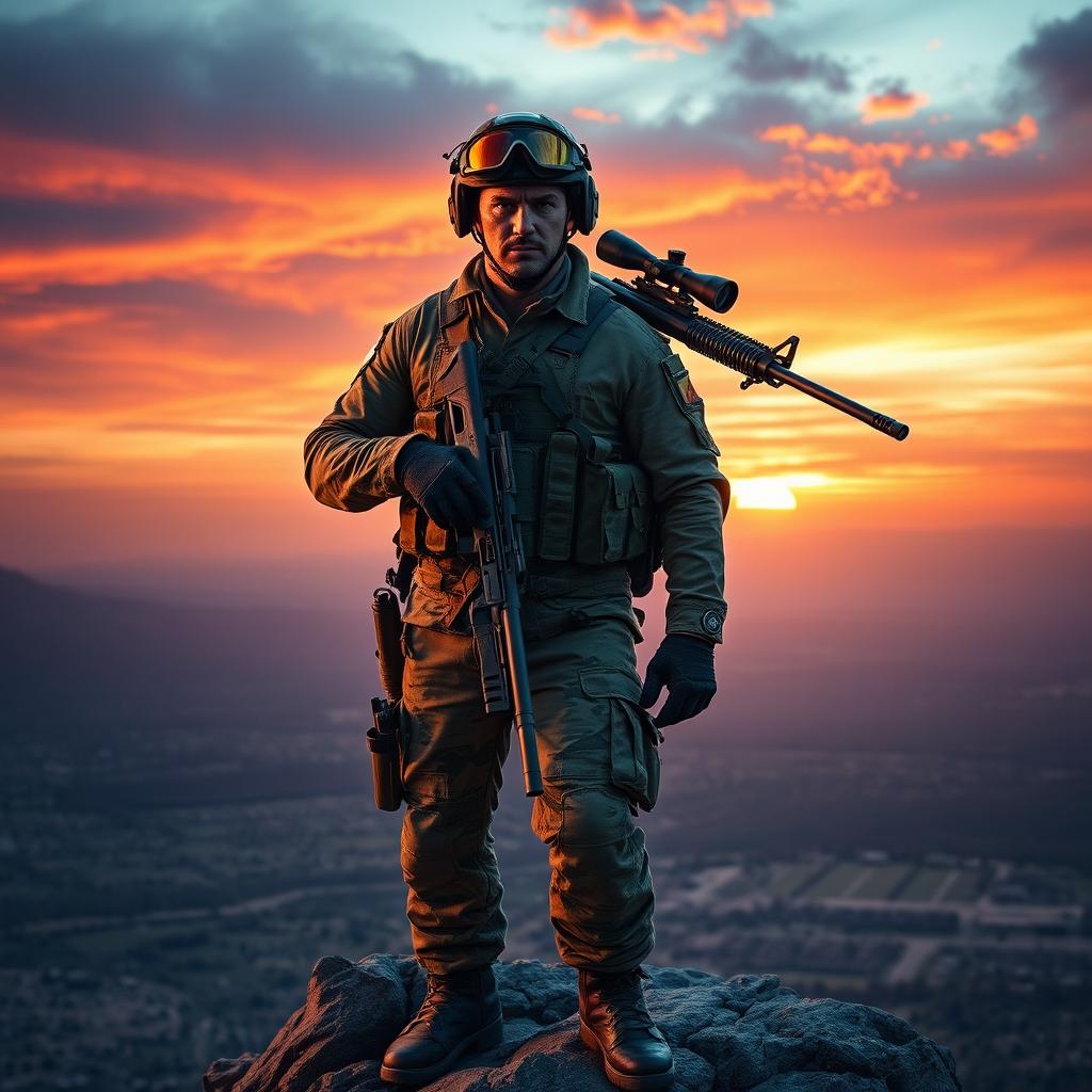 A fearless captain standing confidently atop a rugged cliff with a sniper rifle slung over his shoulder