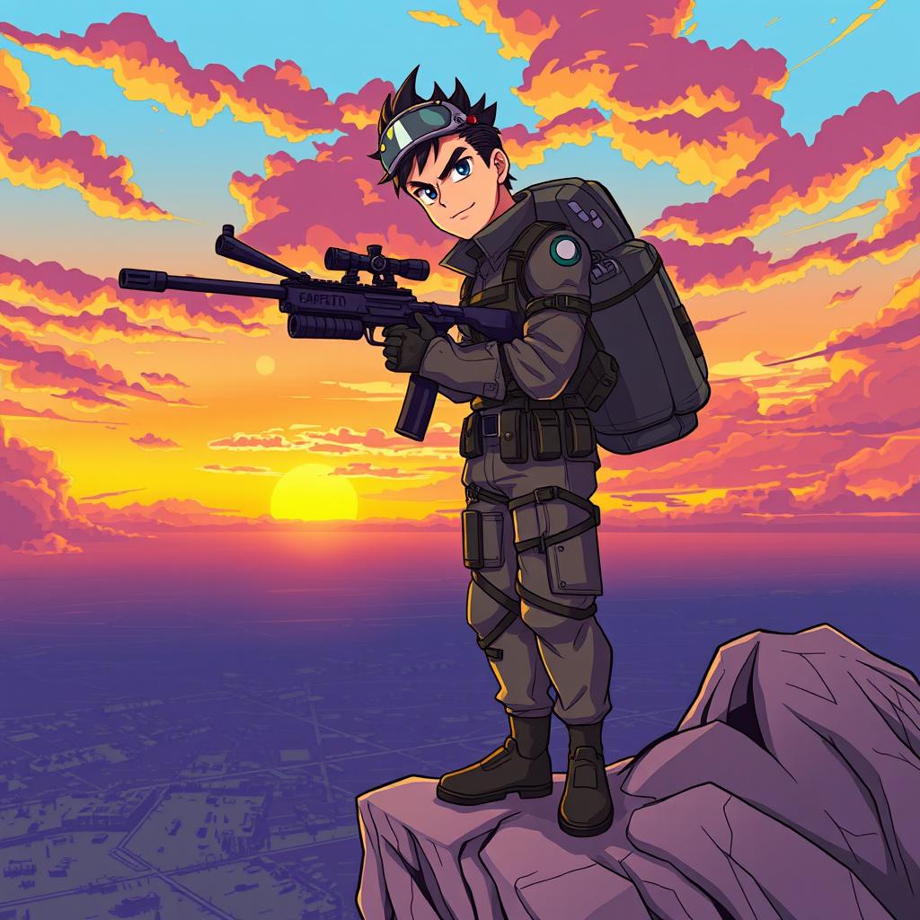 An anime-style illustration of a dynamic captain standing on a rocky cliff, confidently holding a sniper rifle