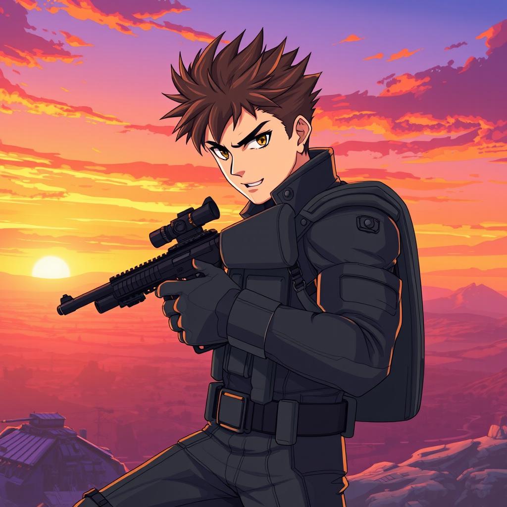 An anime-style illustration of a striking male captain, exuding confidence and strength, poised with a sniper rifle in a tactical stance