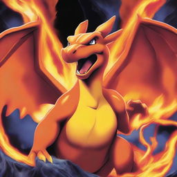 A stunningly designed Pokémon card featuring the legendary Charizard, ablaze with his fiery breath, set against a dramatic backdrop with vivid colors and artistic rendering.