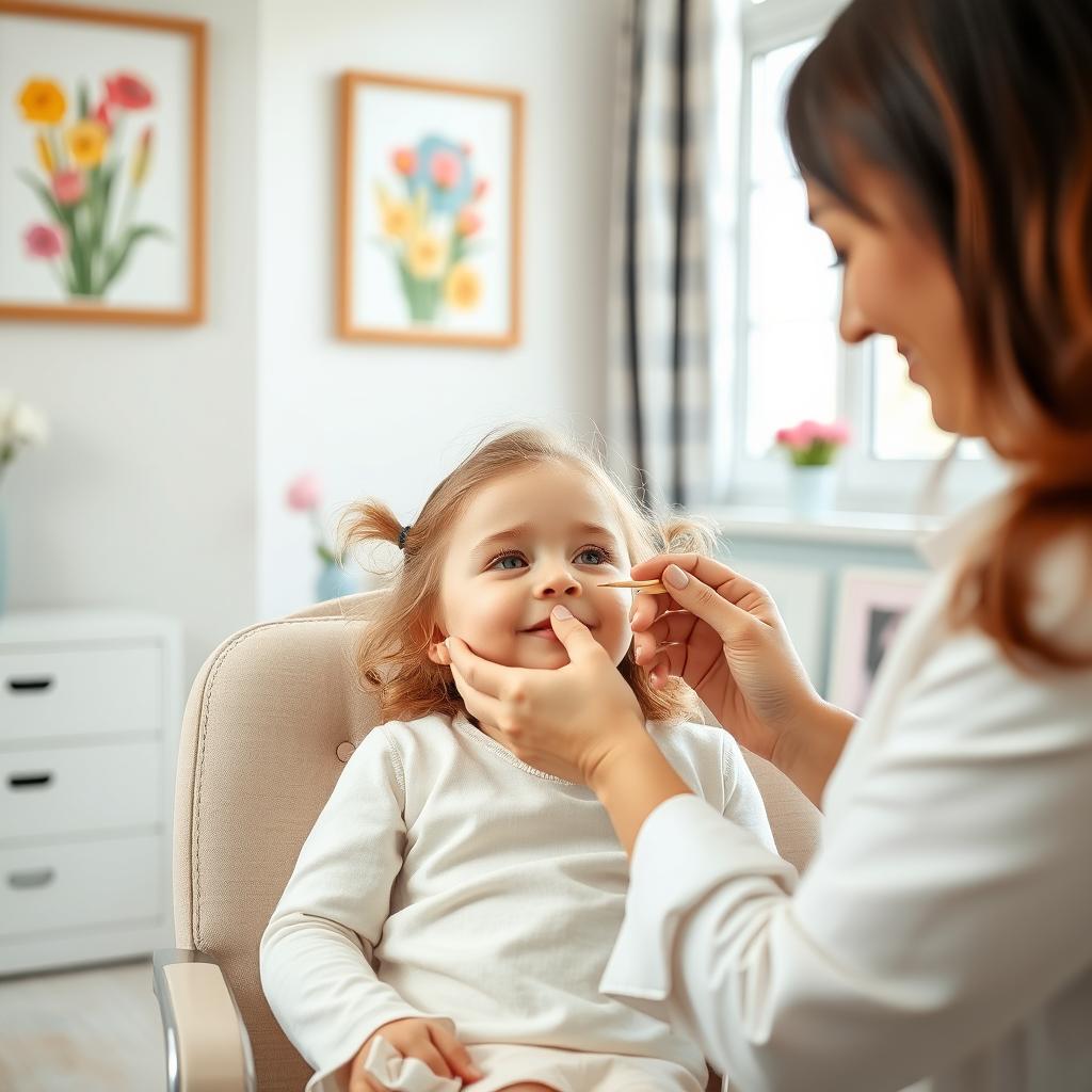 A gentle scene in a bright, cozy salon where a young girl with playful curls is sitting in a comfortable chair, looking excited yet calm as a professional stylist delicately repairs her eyelashes