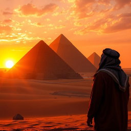 A stunning view of the Egyptian pyramids at sunset, highlighting the grandeur and mystery of these ancient structures