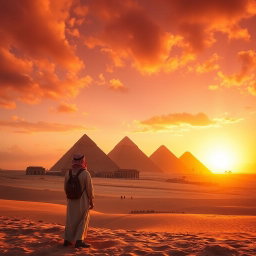 A stunning view of the Egyptian pyramids at sunset, highlighting the grandeur and mystery of these ancient structures