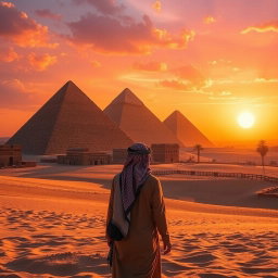 A stunning view of the Egyptian pyramids at sunset, highlighting the grandeur and mystery of these ancient structures