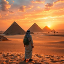 A stunning view of the Egyptian pyramids at sunset, highlighting the grandeur and mystery of these ancient structures