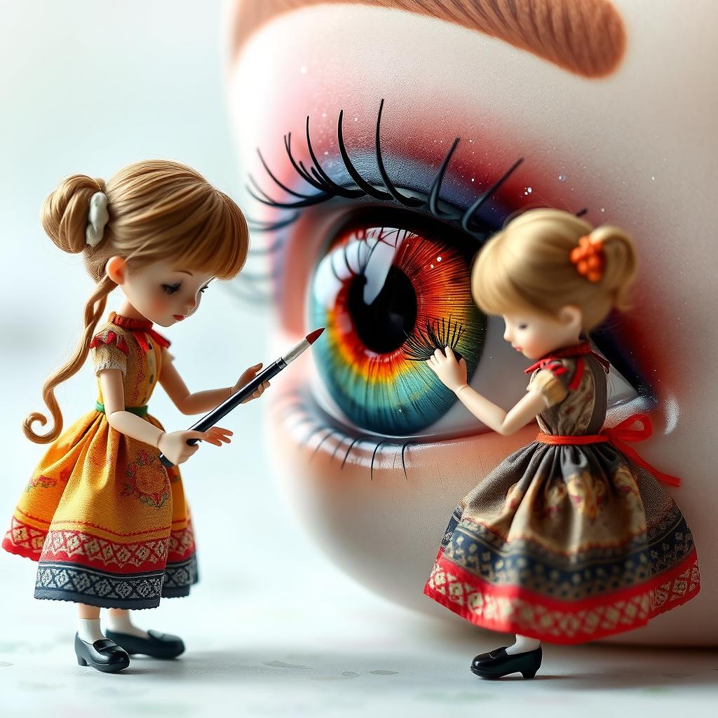 A whimsical scene featuring miniature dolls, each about 10 cm tall, carefully repairing eyelashes on a large, beautifully detailed eye