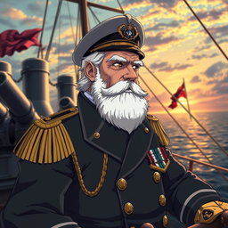 An elderly anime man dressed as a captain on a battleship, featuring a distinguished and authoritative appearance