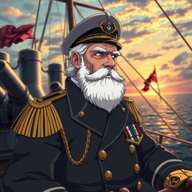 An elderly anime man dressed as a captain on a battleship, featuring a distinguished and authoritative appearance