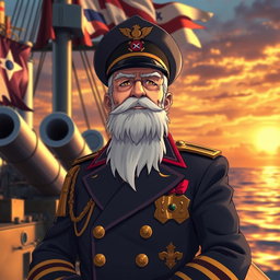 An elderly anime man dressed as a captain on a battleship, featuring a distinguished and authoritative appearance