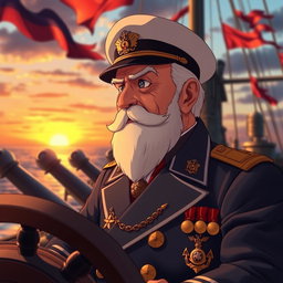 An elderly anime man dressed as a captain on a battleship, featuring a distinguished and authoritative appearance