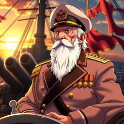 An elderly anime man dressed as a captain on a battleship, featuring a distinguished and authoritative appearance